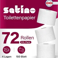 72 Rollen Toilettenpapier 4lagig – super soft dank 100% Zellstoff - Made in Germany - 150 Blatt pro Rolle – 9 Pack mit je 8 Rollen - super soft – weiß – Premium Klopapier 4 lagig – WC Papier Satino