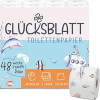 Glücksblatt Toilettenpapier 3-lagig, 48 Rollen mit bunten Druckmotiven | Premium Frischzellstoff mit bunten Motiven, 150 Blatt je Rolle, superweich & reißfest, PEFC™ zertifiziert, 30% Recyclingfolie