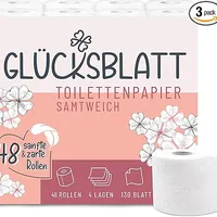 Glücksblatt Toilettenpapier samtweich 4-lagig, 48 Rollen Klopapier | Premium Frischzellstoff, Doppelseiten-Prägung, 130 Blatt, superweich & sanft, PEFC™ zertifiziert, 30% Recycling-Folie