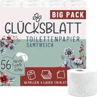 Glücksblatt Toilettenpapier samtweich 4-lagig, 56 Rollen mit Vanilleduft | Premium Frischzellstoff mit Glücks-Prägung, 130 Blatt, reißfest, PEFC™ zertifiziert, Folie aus 30% Recycling-Plastik