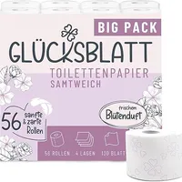 Glücksblatt Toilettenpapier 4-lagig | 56 Rollen x 130 Blatt | Blütenduft | Samtweiches superweiches Klopapier aus 100% Zellstoff mit Glücks-Prägung | Verpackung aus 30% PCR-Plastik WC Papier weiß