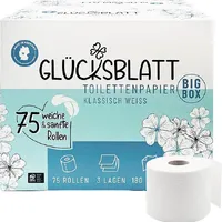 Glücksblatt Toilettenpapier Box, 3-lagig, 75 Rollen x 180 Blatt, 100% Zellstoff, Großpackung, superweiches Klopapier, WC Papier, wiederverwendbarer Vorratskarton