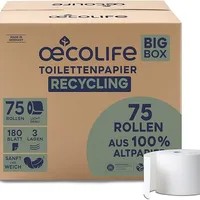 œcolife Toilettenpapier Box Recycling, 3-lagig, 75 Rollen x 180 Blätter, Großpackung für Gewerbe und Haushalt, Recyclingpapier