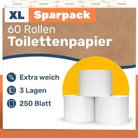 60 Rollen Toilettenpapier 3-lagig – 250 Blatt pro Rolle - Toilettenpapier B-Ware – Vorratspackung