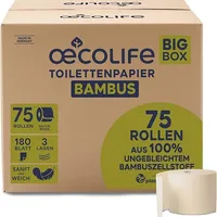 œcolife Bambus Toilettenpapier, 75 Rollen, 3-lagig, Ungebleicht in natürlichem Beige, 180 Blatt pro Rolle, Frei von Kolophonium & Chlor, Nachhaltig & Plastikfrei verpackt