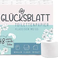 Glücksblatt Toilettenpapier klassisch weiß 3-lagig, 48 Rollen Klopapier | Premium Frischzellstoff mit Glücks-Prägung, 150 Blatt, reißfest, PEFC™ zertifiziert, 30% Recycling-Folie