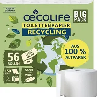 œcolife Recycling Toilettenpapier 3-lagig, 56 Rollen Vorratspack