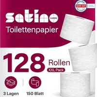 128 Rollen Toilettenpapier 3-lagig – 150 Blatt – 100% Zellstoff – Made in Germany - Satino - 16 Packs á 8 Rollen – für Zuhause, Hotels, Gastronomie, Gewerbe, Industrie
