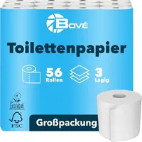 BOVE Toilettenpapier 3-lagig 250 Blatt, 56 Rollen (7 Pack je 8 Rollen), weiß,100% Zellstoff, blumengeprägt (8101000) – extra weiches Klopapier