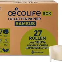 œcolife Toilettenpapier Box Bambus, 3-lagig, 27 Rollen, 250 Blatt pro Rolle, vegan, plastikfrei verpackt, aus 100% Bambus-Zellstoff, super sanft und weich, ohne Kolophonium | 100 % Bambus