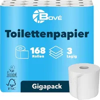 BOVE Toilettenpapier 3-lagig 168 Rollen Gigapackung - 250 Blatt pro Rolle - Extra Weich, Stark & Saugstark - FSC & EU Ecolabel Zertifiziert - Preis-Leistungs-Knaller